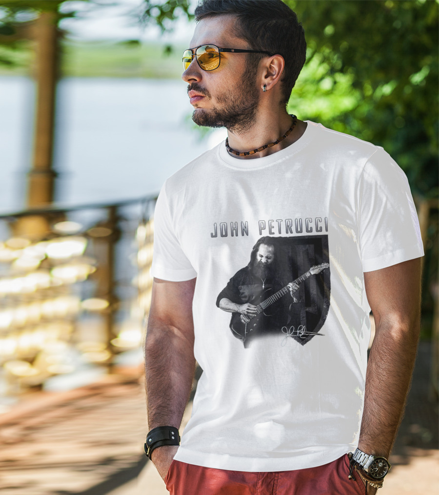 John Petrucci Guitarist Black And White Portrait With Signature T-Shirt