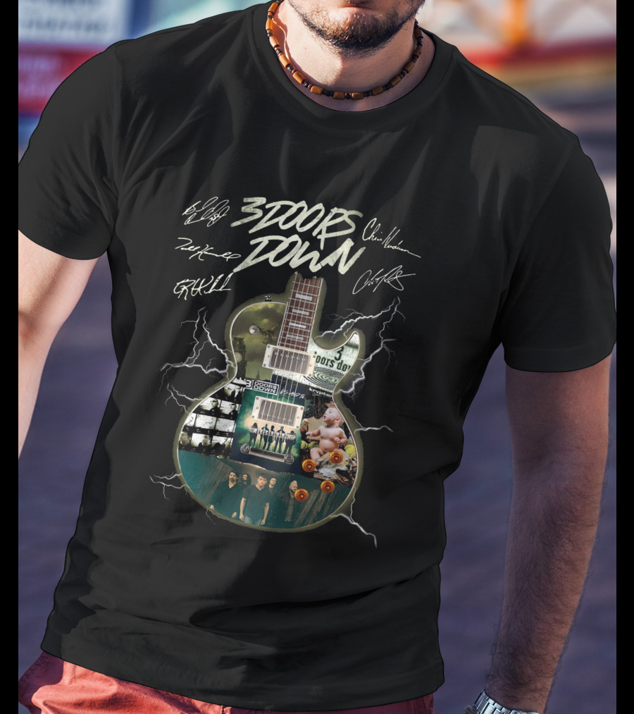 3 Doors Down Guitar Lightning Collage With Band Signatures T-Shirt