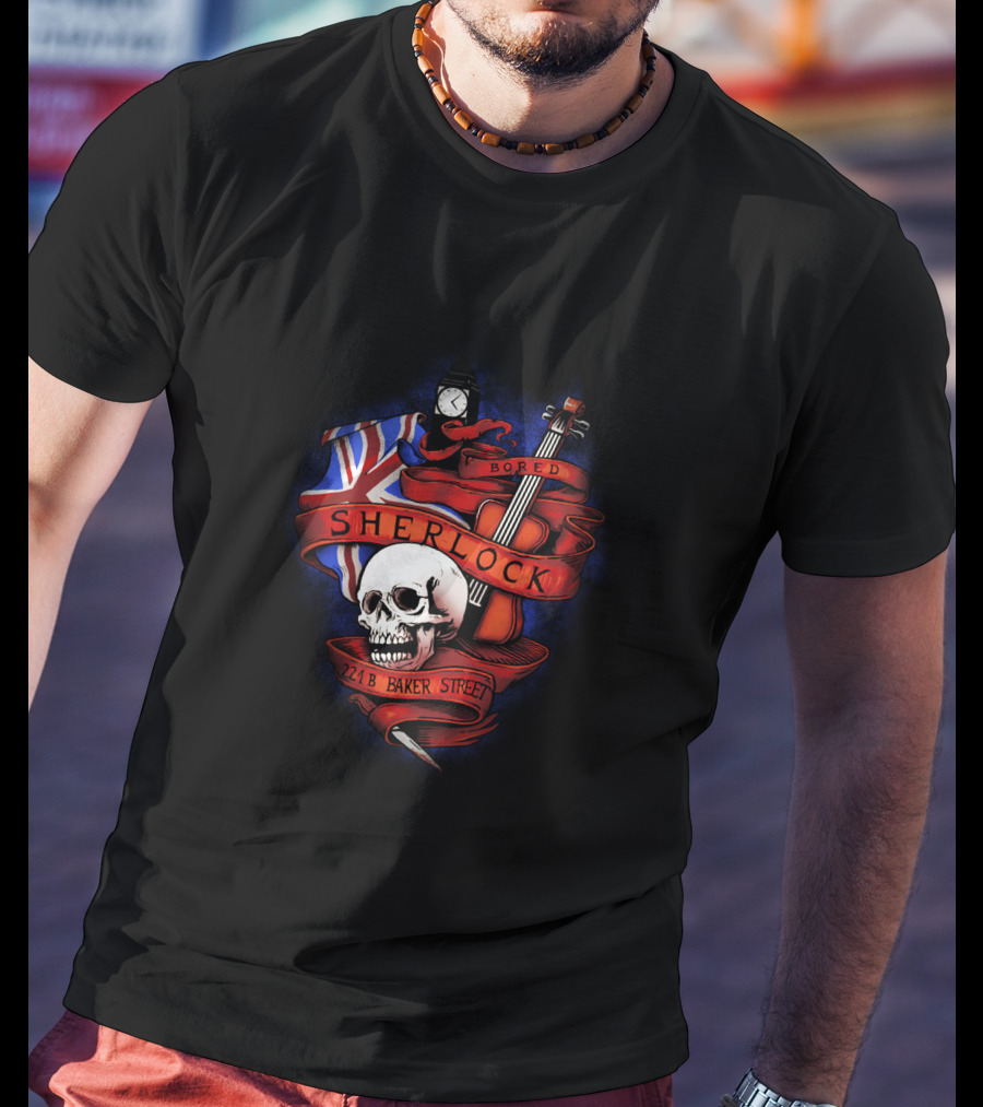 Sherlock Bored Skull Violin Union Jack 221B Baker Street T-Shirt