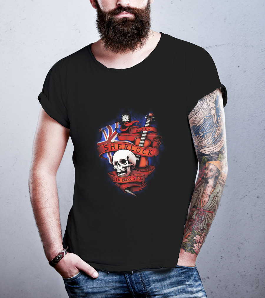 Sherlock Bored Skull Violin Union Jack 221B Baker Street T-Shirt