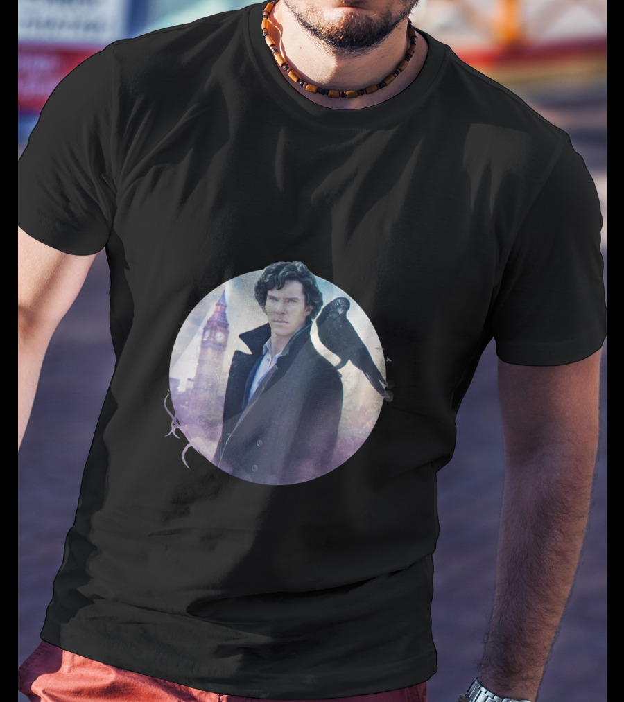 S.H Art Detective Silhouette With Crow And Clock Tower T-Shirt