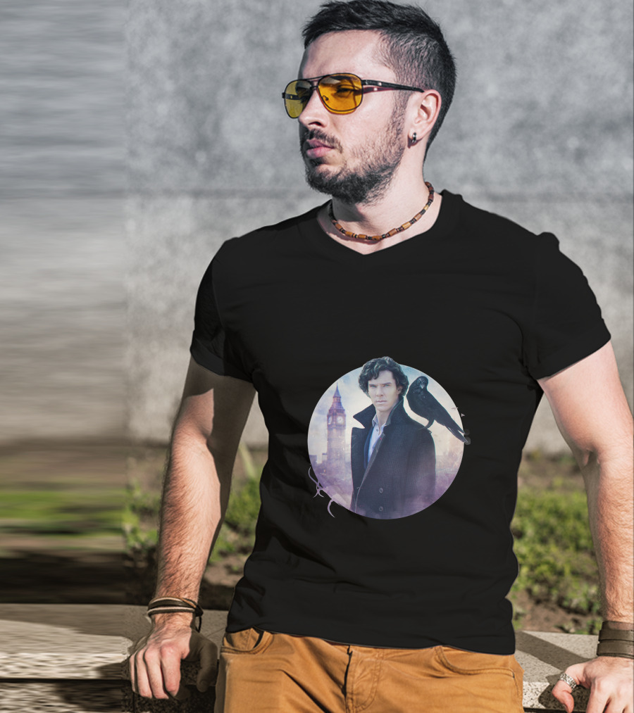 S.H Art Detective Silhouette With Crow And Clock Tower T-Shirt