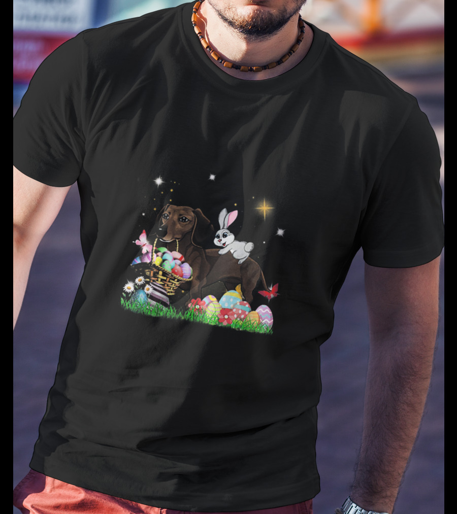 Dachshund With Easter Basket Rabbit And Colorful Eggs Under Stars T-Shirt