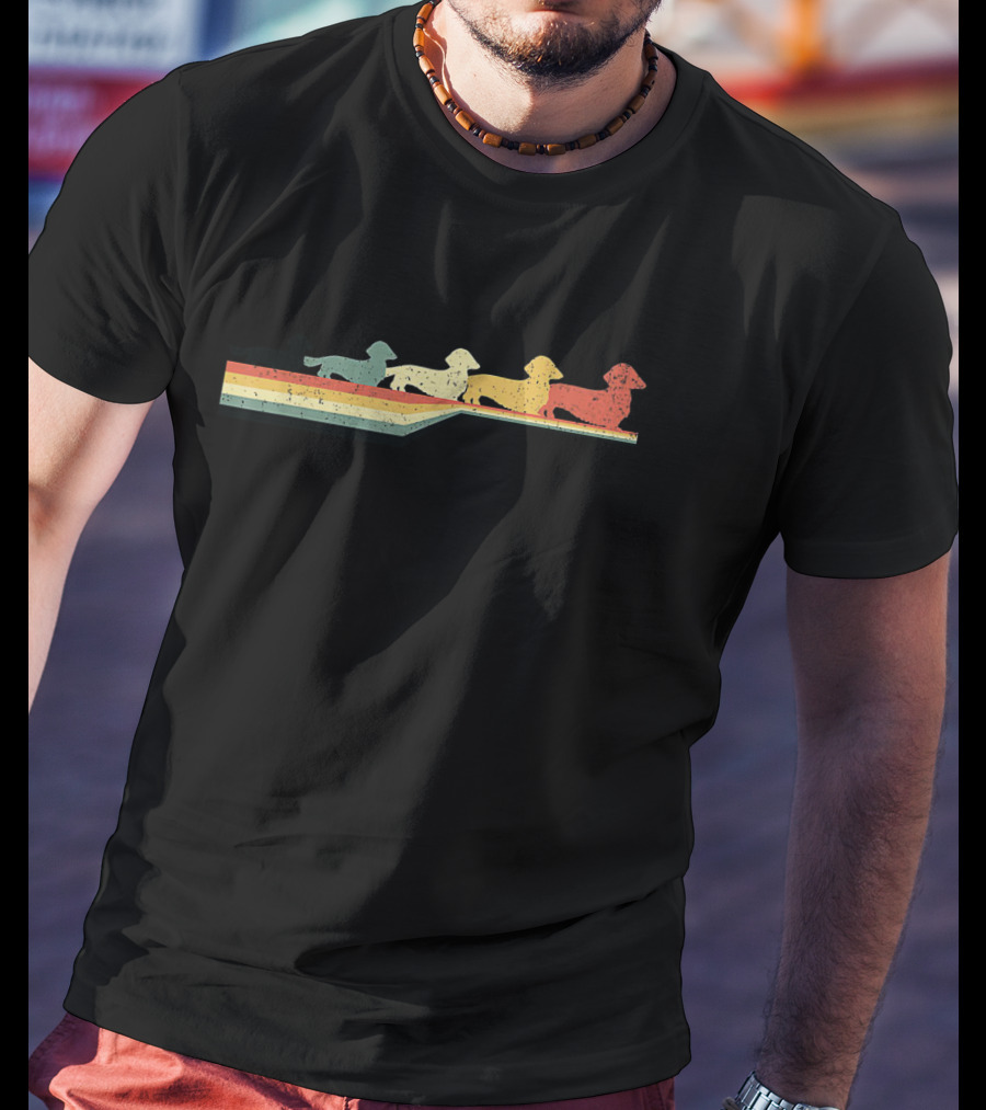Four Colorful Dachshund Long Hair Silhouettes Retro Vintage 80s T-Shirt