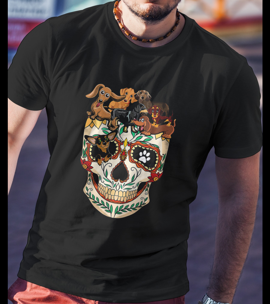 Dachshunds Sugar Skull Dog Mom Dad Funny Colorful Day Of The Dead T-Shirt
