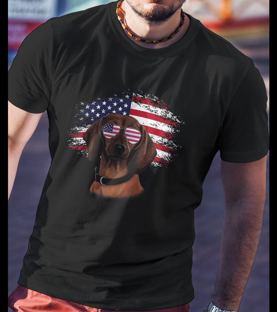 American Flag Dachshund Wearing Patriotic Sunglasses With Flag Background T-Shirt