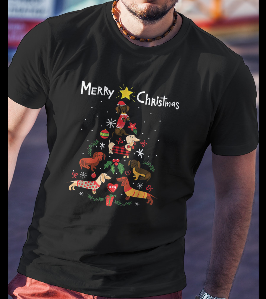 Merry Christmas Funny Dachshund Tree Ornament Decor With Dogs And Presents T-Shirt