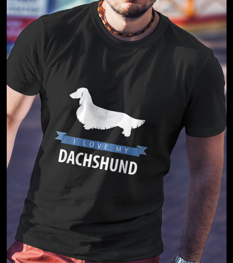 I Love My Longhaired Dachshund Silhouette With Blue Banner T-Shirt