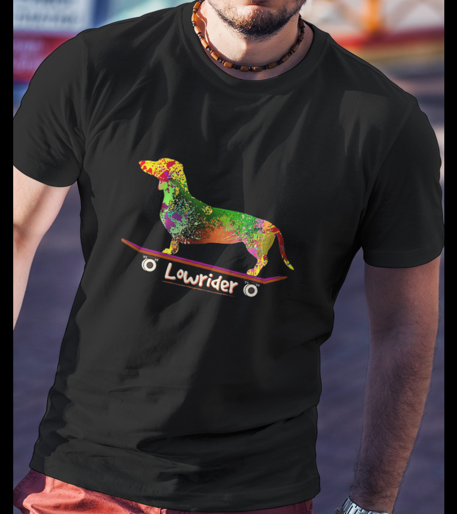 Lowrider Skateboarding Dachshund Weiner Dog In Colorful T-Shirt