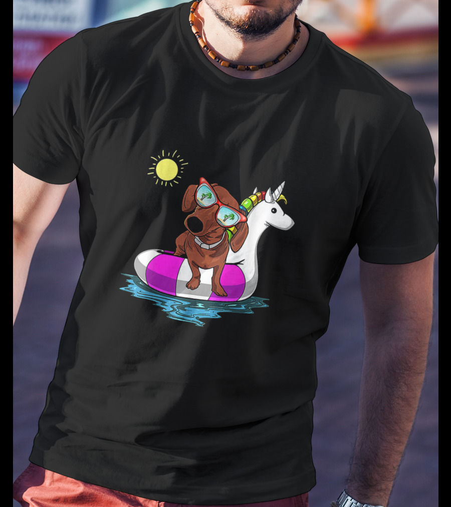 Dachshund On Unicorn Float At Summer Pool Party With Sunglasses And Sun T-Shirt