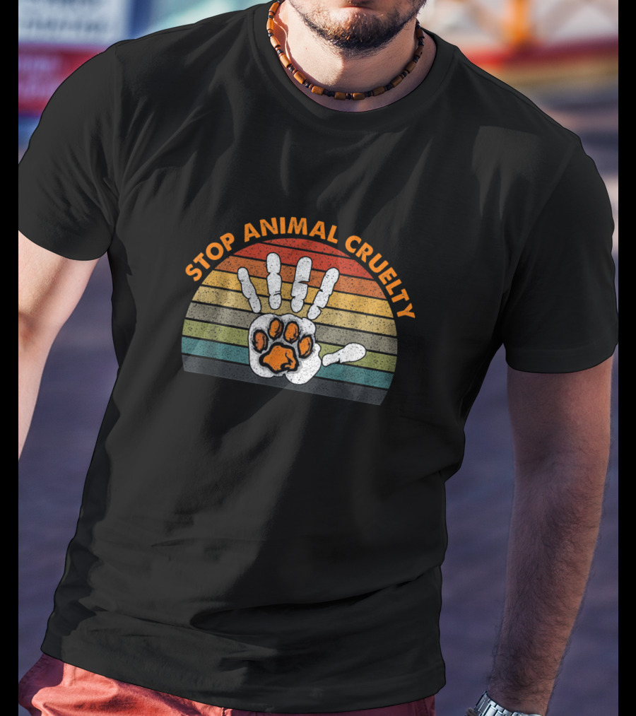 Stop Animal Cruelty Vintage Rainbow Human Hand And Paw Print Vegan Activism T-Shirt