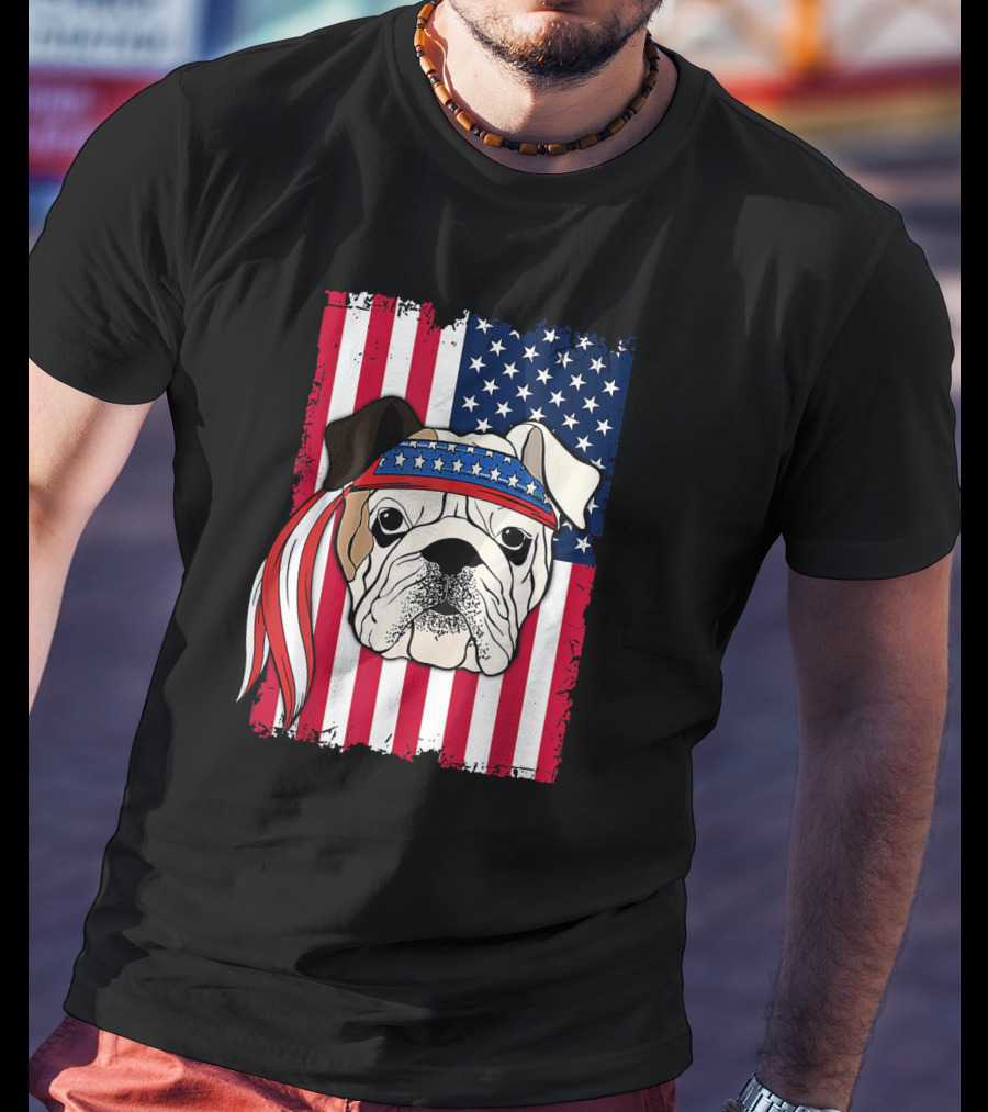 Patriotic Bulldog Wearing Bandana With American Flag Background T-Shirt