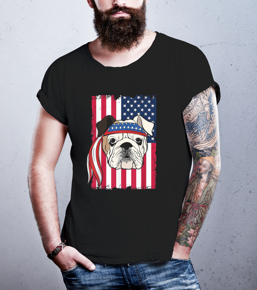 Patriotic Bulldog Wearing Bandana With American Flag Background T-Shirt