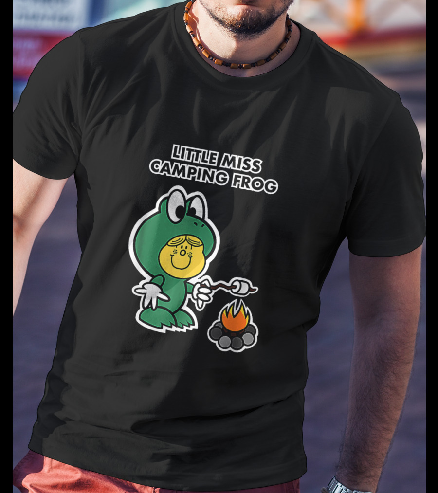 Little Miss Camping Frog Campfire Marshmallow Roasting T-Shirt
