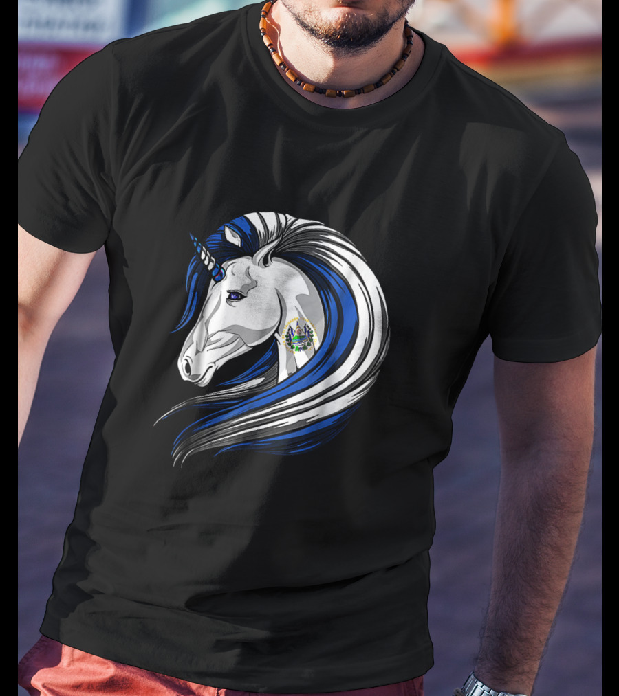 Unicorn With El Salvador Flag Colors And Salvadoran Emblem Mane T-Shirt