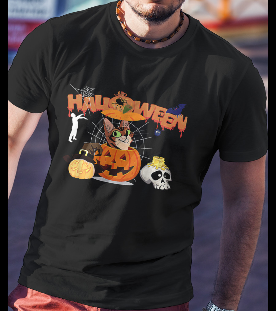 Halloween Bengal Cat Pumpkin Witch Zombie Skull T-Shirt