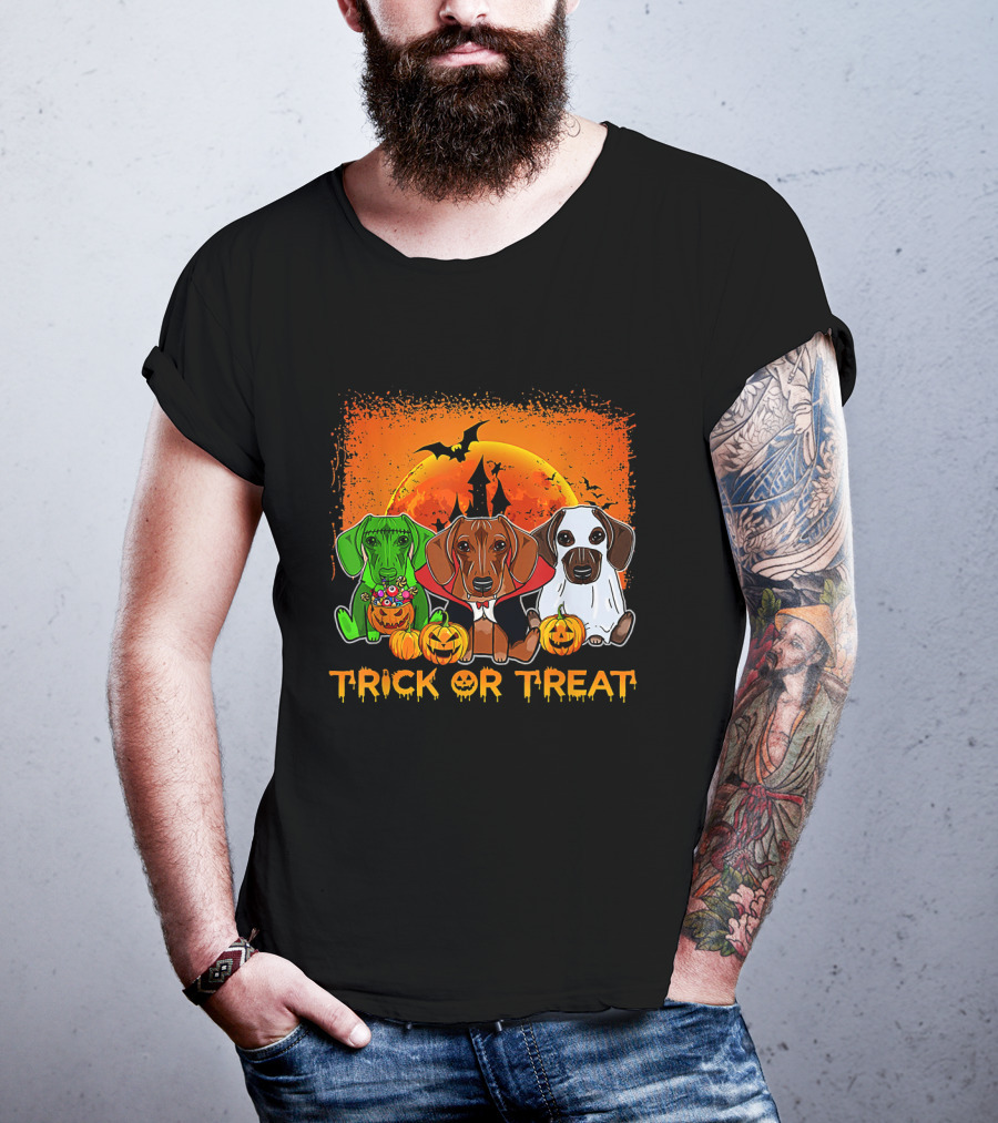 Trick Or Treat Halloween Dachshund Trio With Pumpkins And Spooky Orange Moon T-Shirt