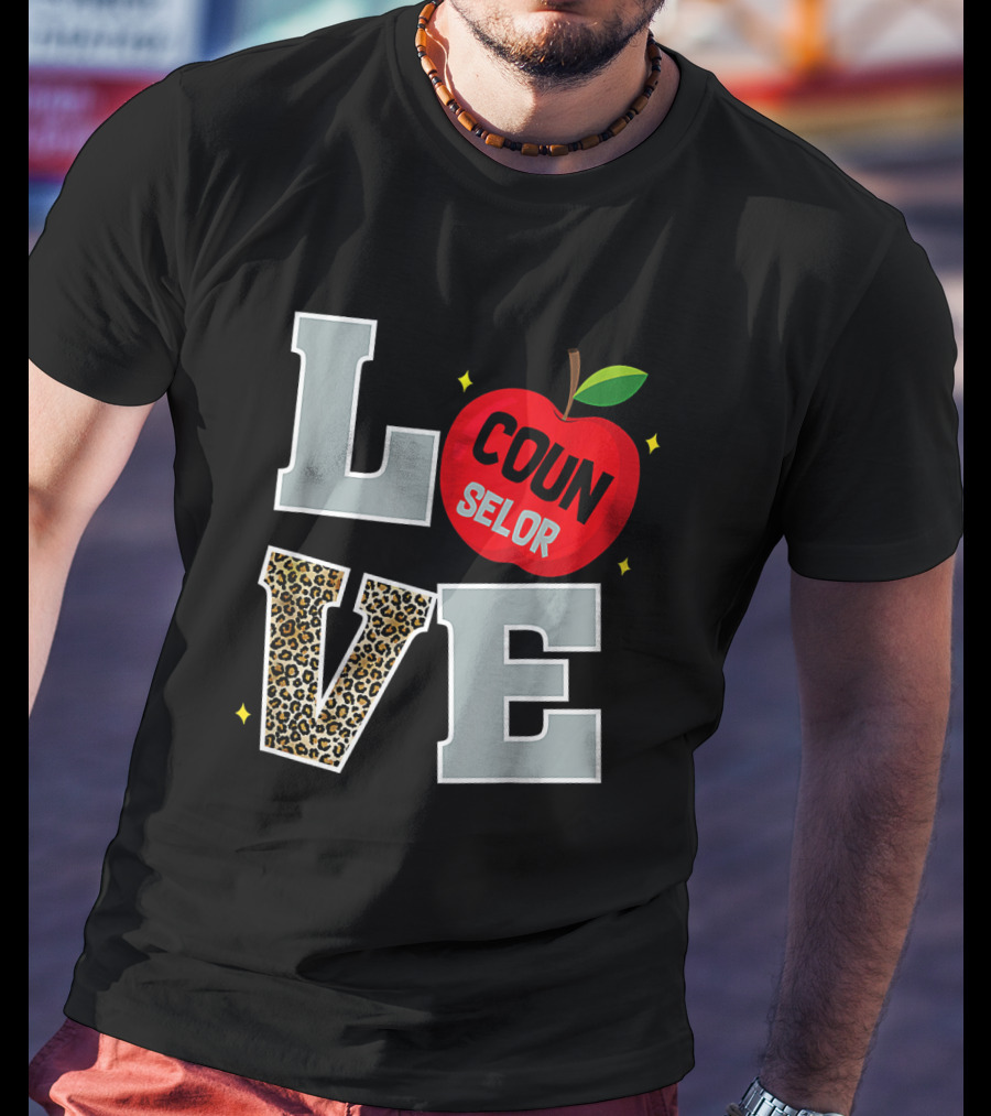LOVE Counselor Apple Back To School Leopard Print Teacher T-Shirt