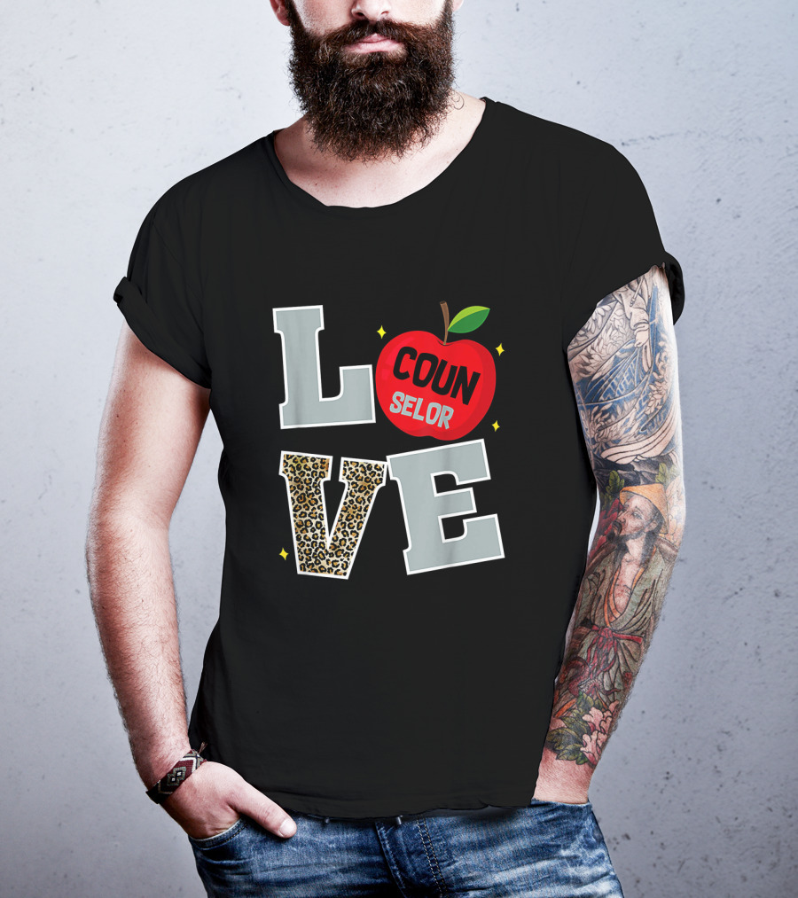 LOVE Counselor Apple Back To School Leopard Print Teacher T-Shirt