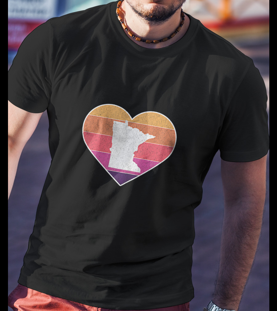 Minnesota Love Heart With State Silhouette On Vintage Stripes T-Shirt