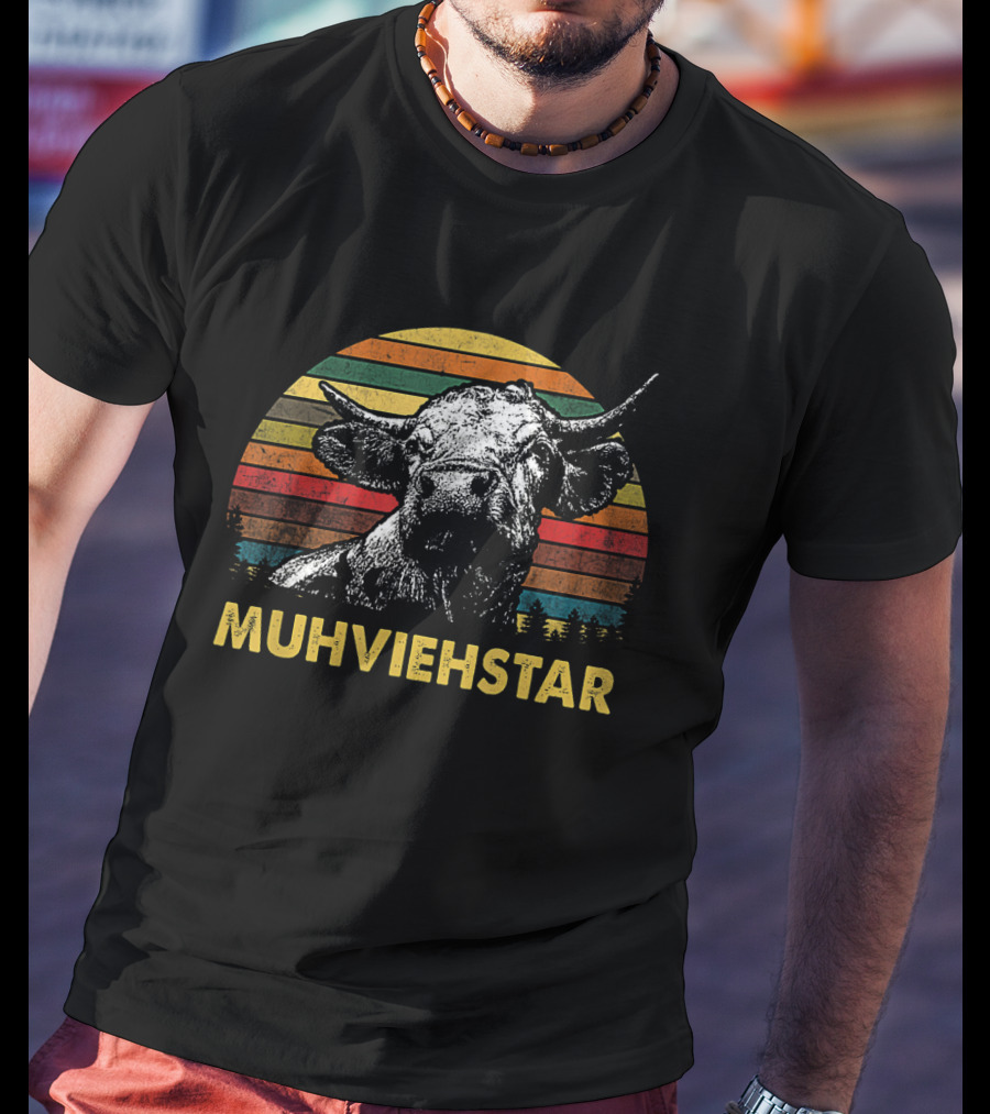 Muhviehstar Retro Vintage Cow Head Graphic With Sunset Stripes And Trees T-Shirt