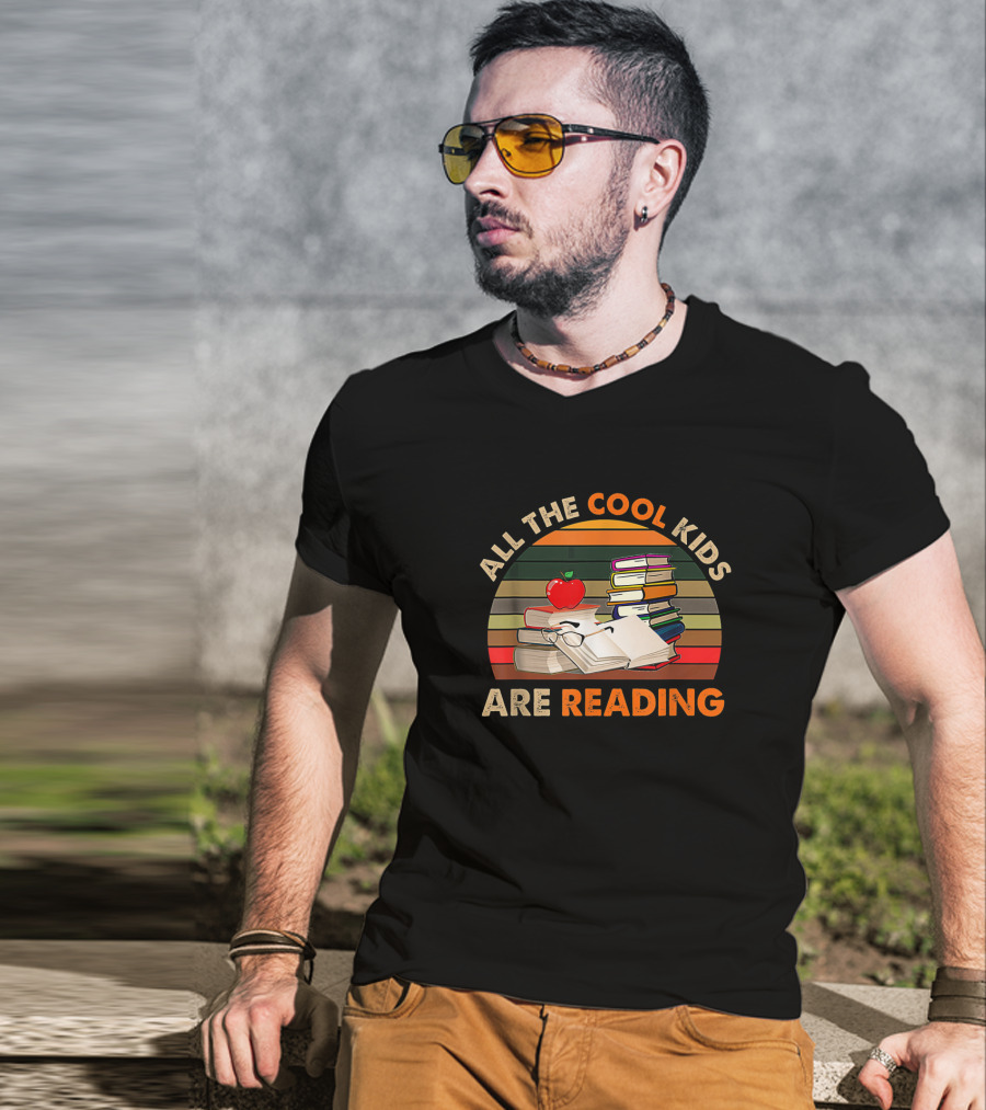 All The Cool Kids Are Reading Stacked Books With Apple And Glasses T-Shirt