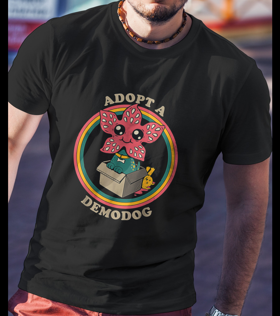 Adopt A DemoDog Cute Flower-Faced Creature In Box With Rainbow Circle T-Shirt