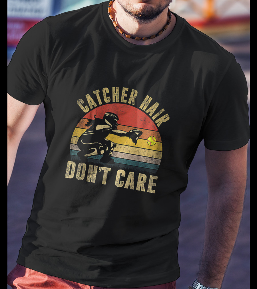 Catcher Hair Don't Care Retro Softball Catcher Girls T-Shirt
