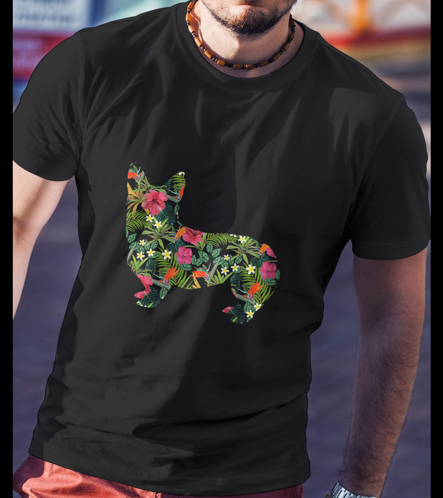 Corgi Floral Hawaiian Dog In Tropical Flowers And Leaves Print T-Shirt