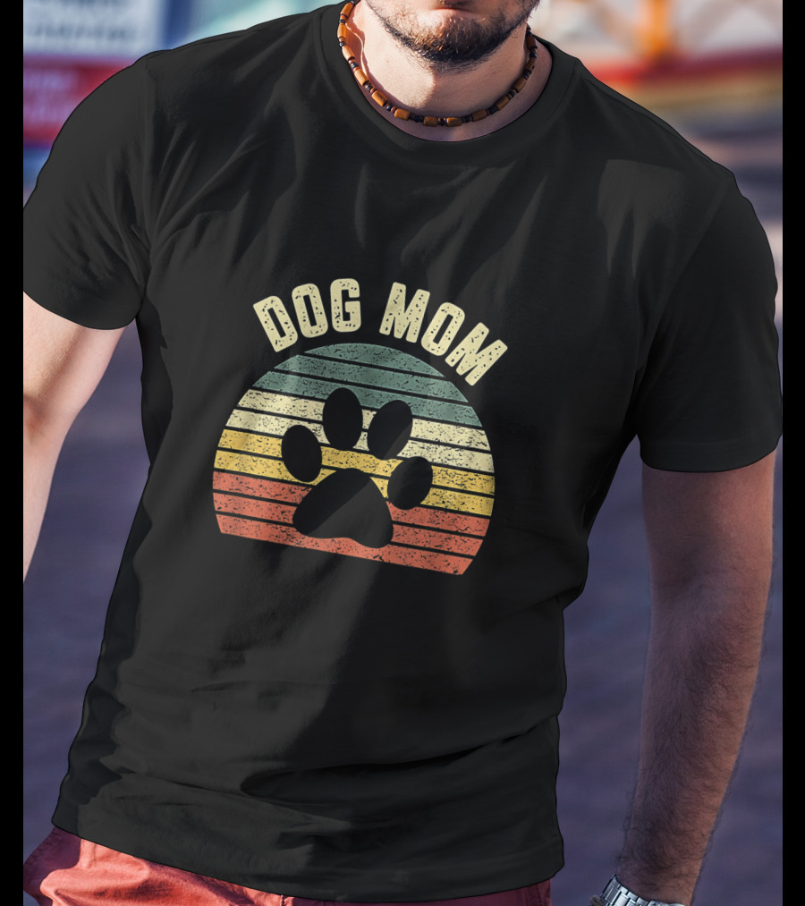 Dog Mom Vintage Striped Paw Prints T-Shirt
