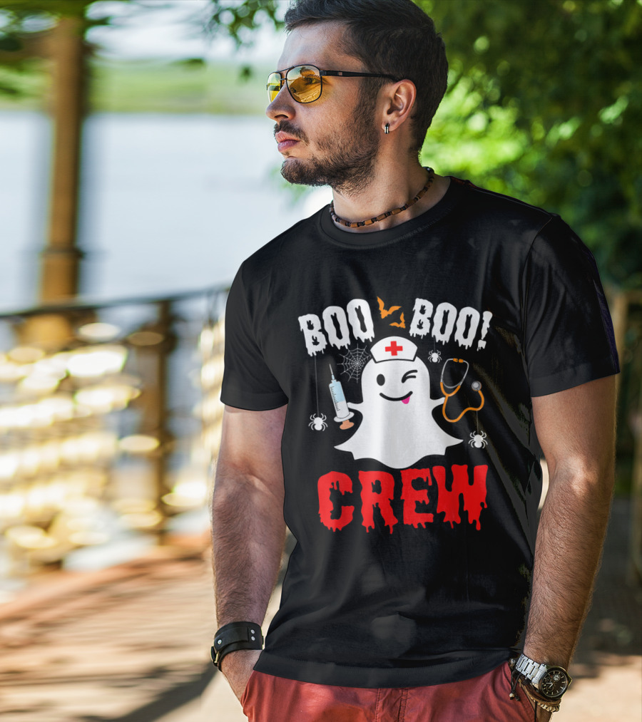 Boo Boo Crew Nurse Ghost Halloween Spiders Bats Stethoscope T-Shirt