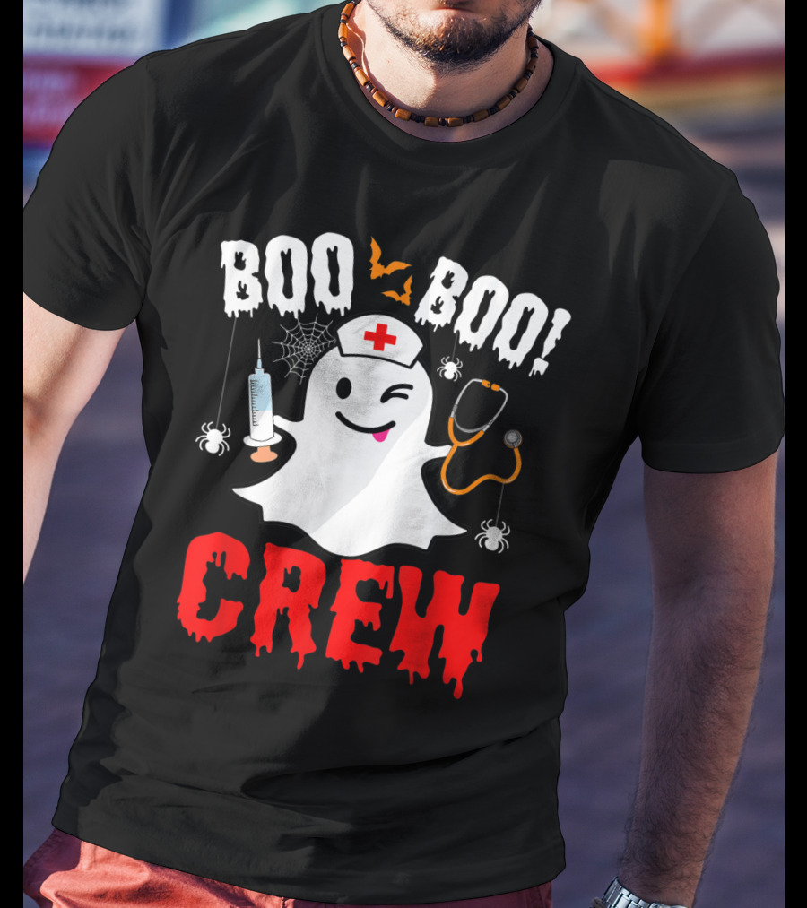 Boo Boo Crew Nurse Ghost Halloween Spiders Bats Stethoscope T-Shirt