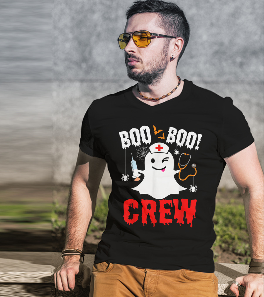 Boo Boo Crew Nurse Ghost Halloween Spiders Bats Stethoscope T-Shirt