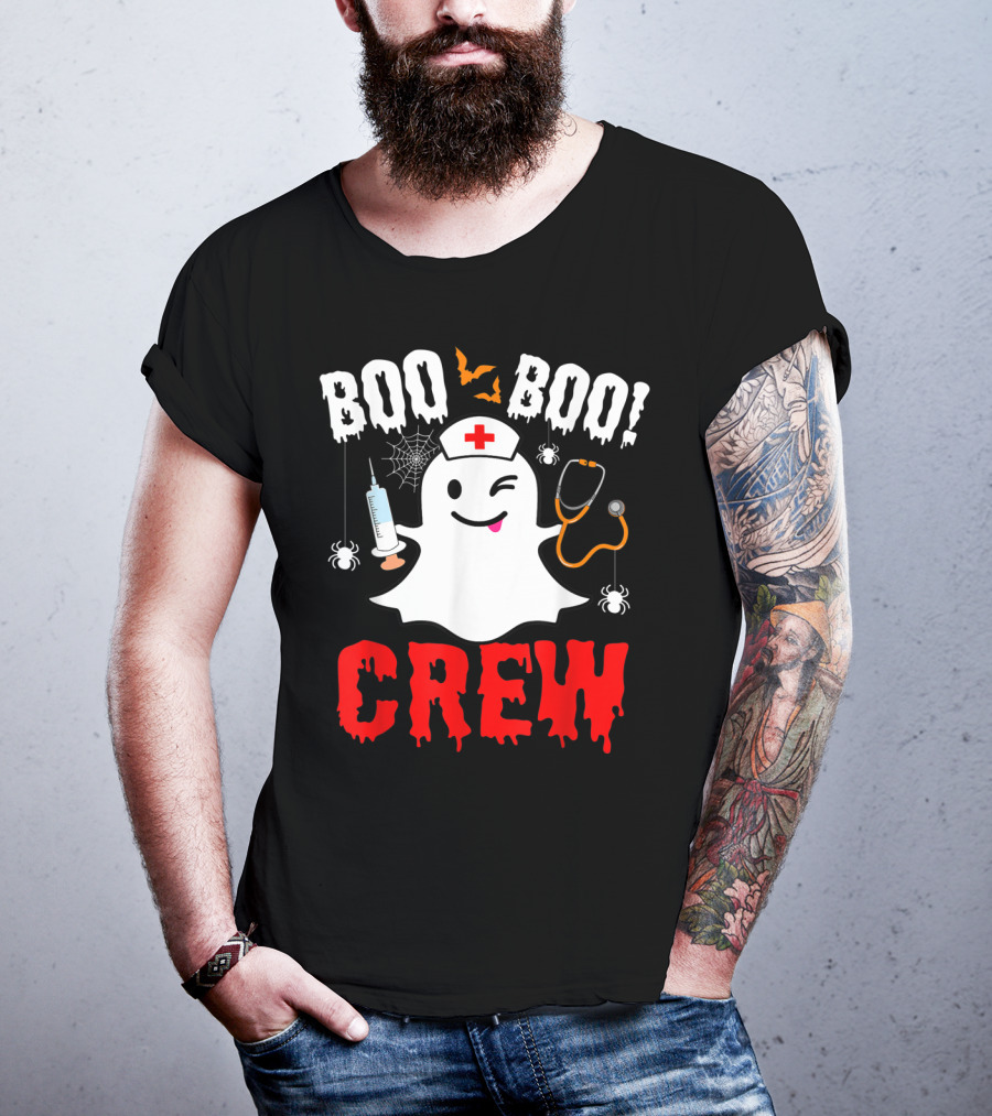 Boo Boo Crew Nurse Ghost Halloween Spiders Bats Stethoscope T-Shirt