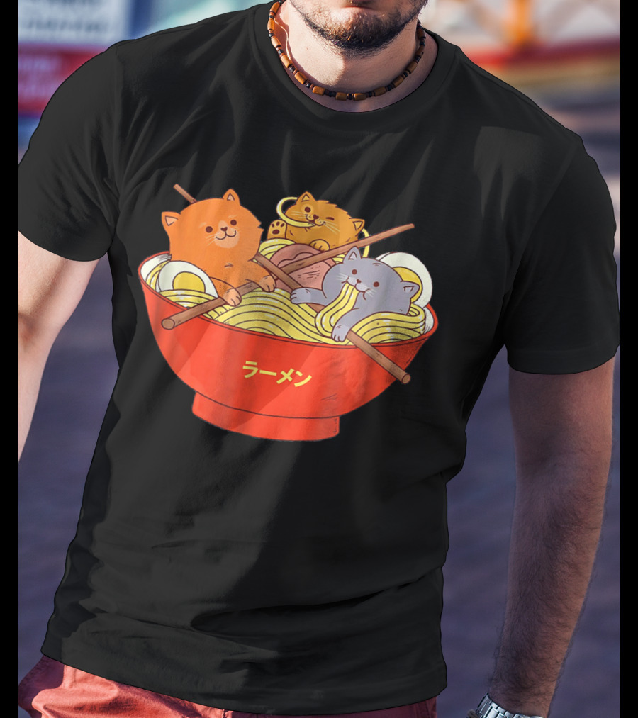Kawaii Anime Cat Ramen Noodles In Red Bowl With Japanese Text T-Shirt