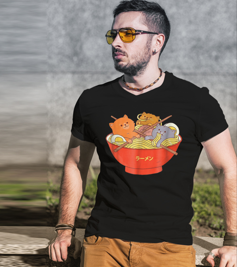 Kawaii Anime Cat Ramen Noodles In Red Bowl With Japanese Text T-Shirt