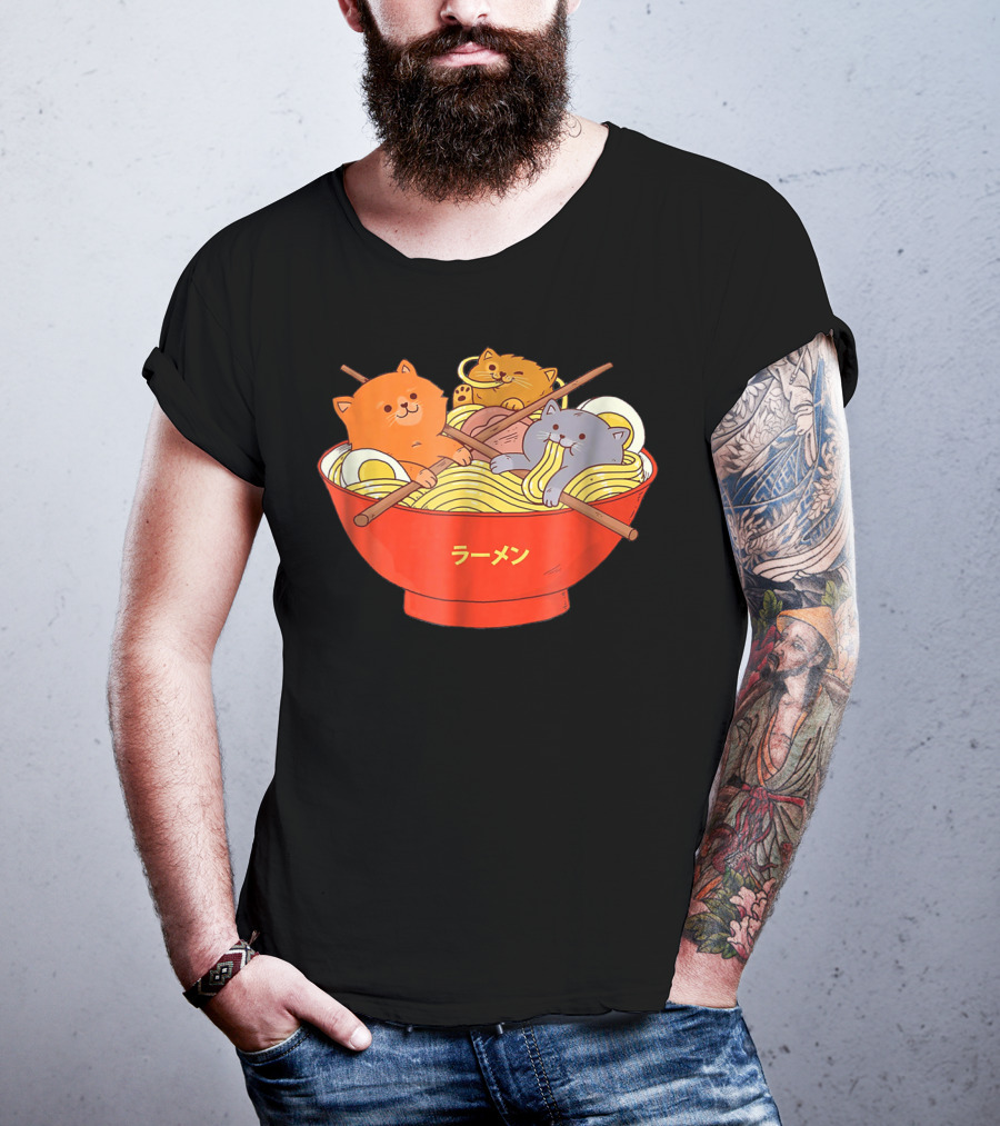 Kawaii Anime Cat Ramen Noodles In Red Bowl With Japanese Text T-Shirt
