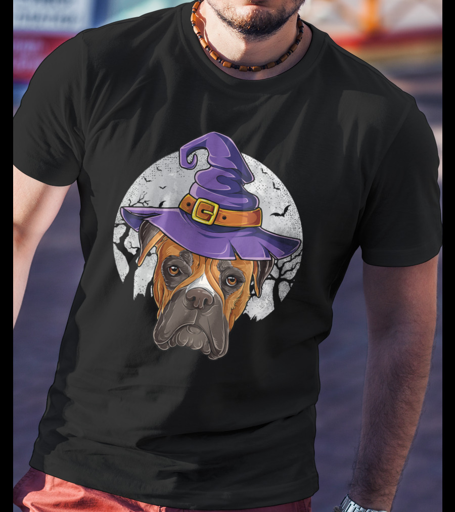 Boxer Dog In Purple Witch Hat With Moon And Bats Halloween T-Shirt