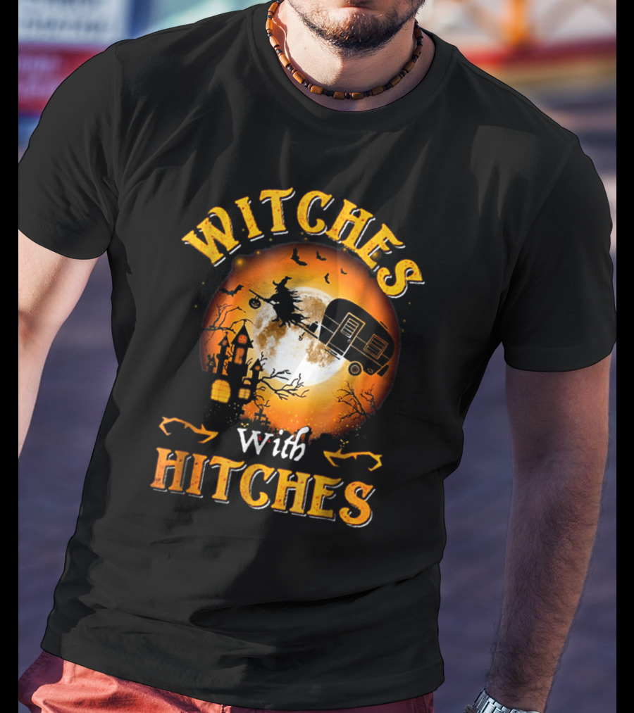 Witches With Hitches Flying Broomstick Full Moon Haunted House T-Shirt