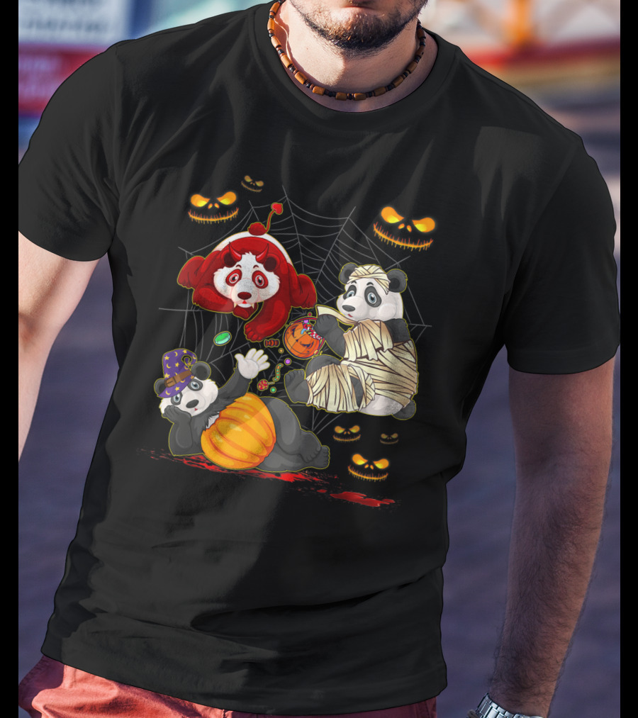 Halloween Panda Trio Mummy Clown Pumpkin Costume With Spider Web And Jack-o'-Lanterns T-Shirt
