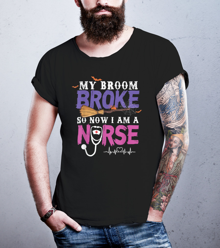 My Broom Broke So Now I Am A Nurse Halloween Spider Web Stethoscope T-Shirt