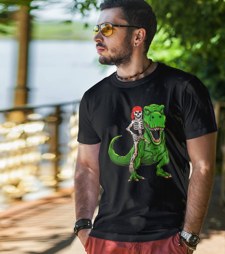 Pirate Skeleton Riding Rex Dinosaur With Red Bandana T-Shirt