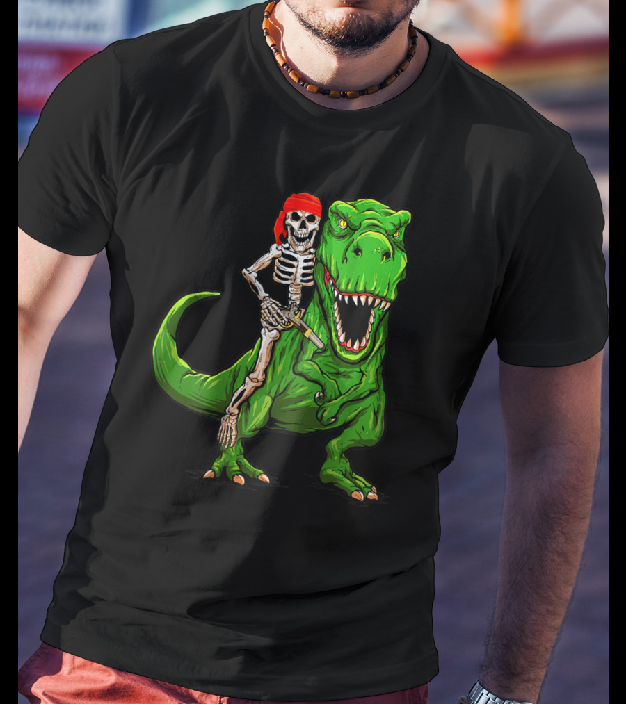 Pirate Skeleton Riding Rex Dinosaur With Red Bandana T-Shirt