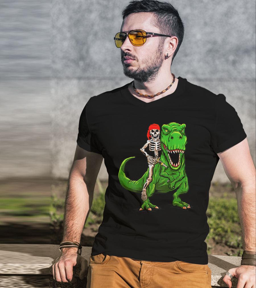 Pirate Skeleton Riding Rex Dinosaur With Red Bandana T-Shirt