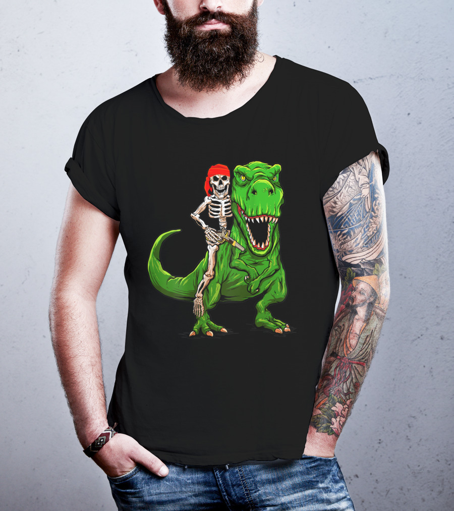 Pirate Skeleton Riding Rex Dinosaur With Red Bandana T-Shirt