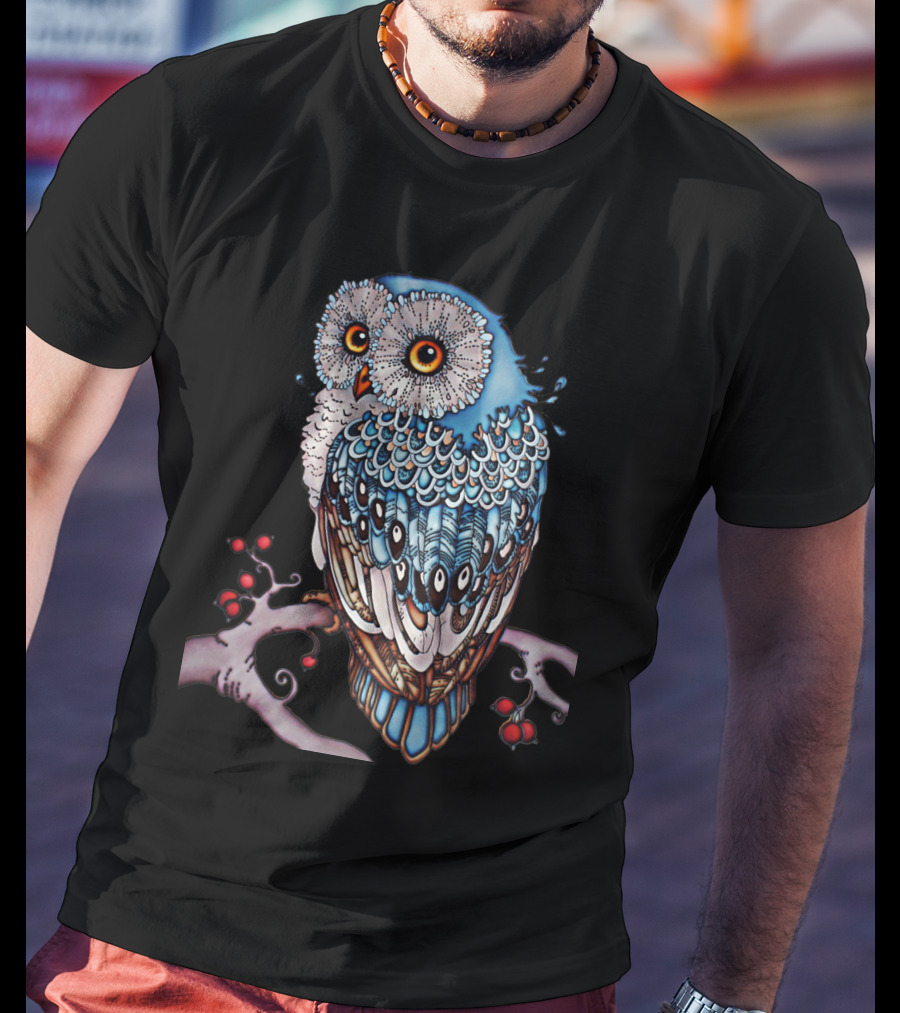 Luminous Blue Owl On Branch With Red Berries - Owl For You T-Shirt
