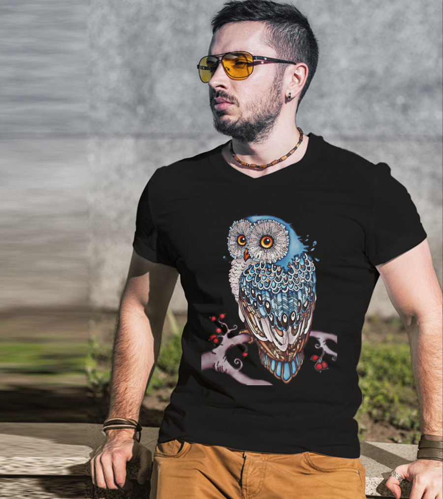 Luminous Blue Owl On Branch With Red Berries - Owl For You T-Shirt