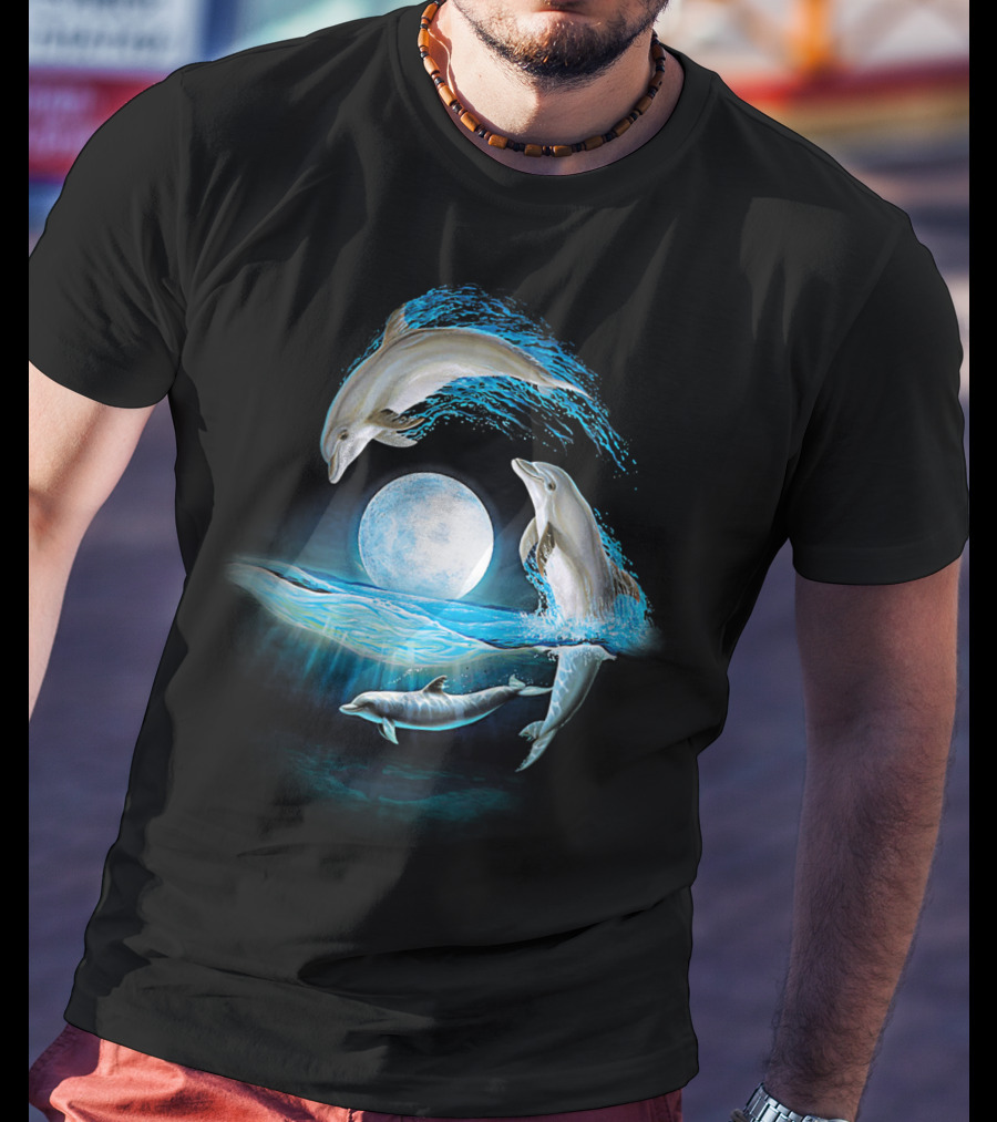 Full Moon Dolphin Leap Ocean Waves T-Shirt