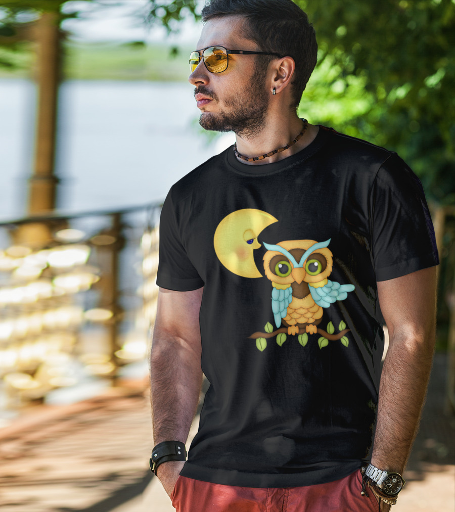 Owl Sitting On Branch With Smiling Crescent Moon T-Shirt