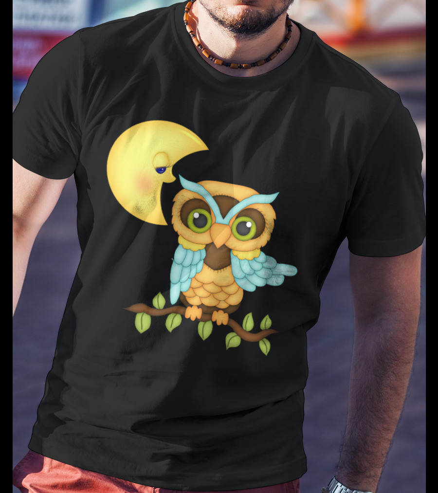 Owl Sitting On Branch With Smiling Crescent Moon T-Shirt
